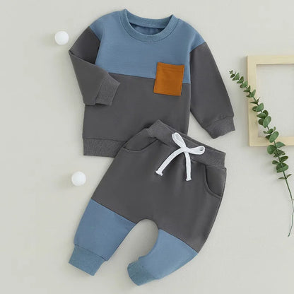 Boys Contrast Color Outfit - Sweatshirt & Pants Set for Stylish Comfort