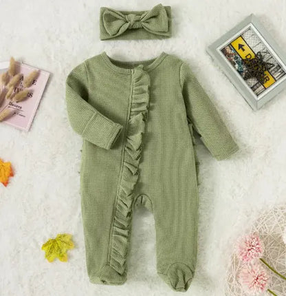 Cozy Cotton Baby Girl Romper - Ruffled Design & Matching Headband