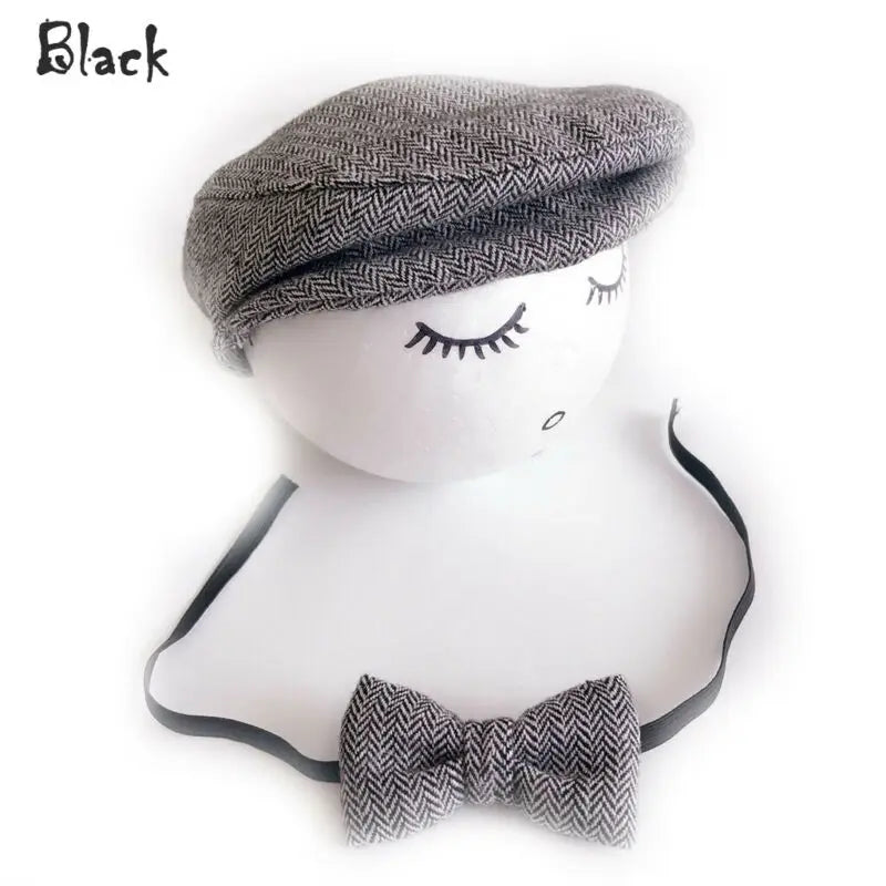 Baby Boy Beret & Bow Tie Set - Newborn Photo Props for Gentlemen