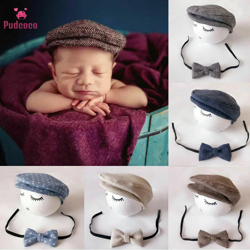 Baby Boy Beret & Bow Tie Set - Newborn Photo Props for Gentlemen