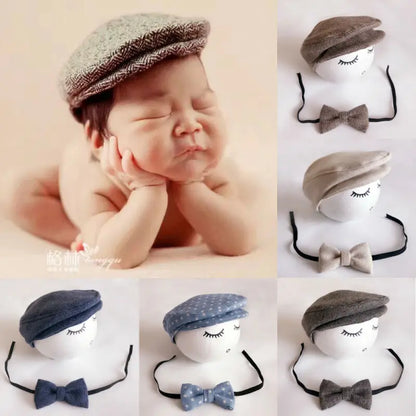 Baby Boy Beret & Bow Tie Set - Newborn Photo Props for Gentlemen