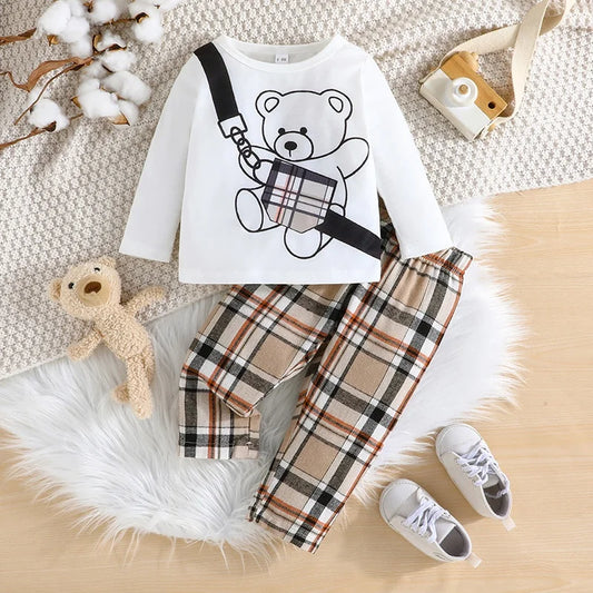 Boys Cartoon Bear Outfit - Long Sleeve Tee & Striped Pants Set