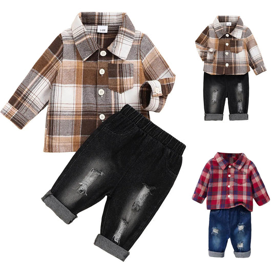 Boys Plaid Flannel & Denim Outfit - 2-Piece Shirt & Ripped Jeans Set