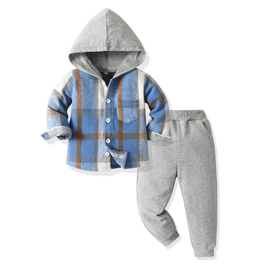 Boys Plaid Jacket & Pants Set - Cozy Long Sleeve Outfit