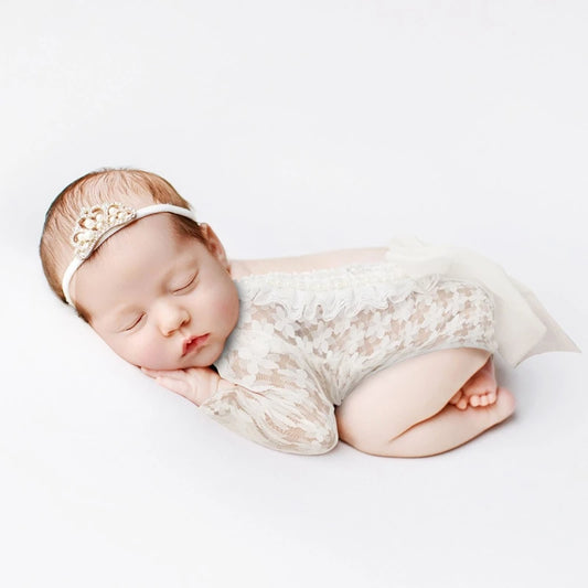 Lace Romper & Headband Set - Newborn Photography Props (2-Piece)