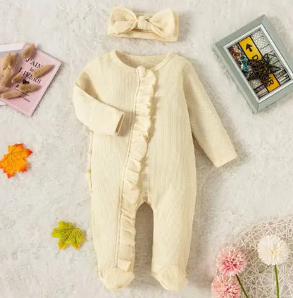 Cozy Cotton Baby Girl Romper - Ruffled Design & Matching Headband