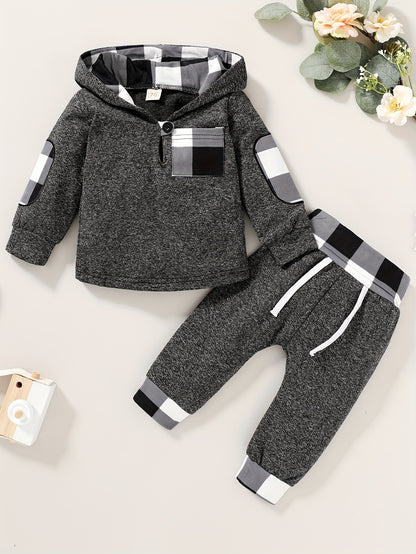 Boys Plaid Hoodie & Pants Set - Casual 2-Piece Outfit for Comfort